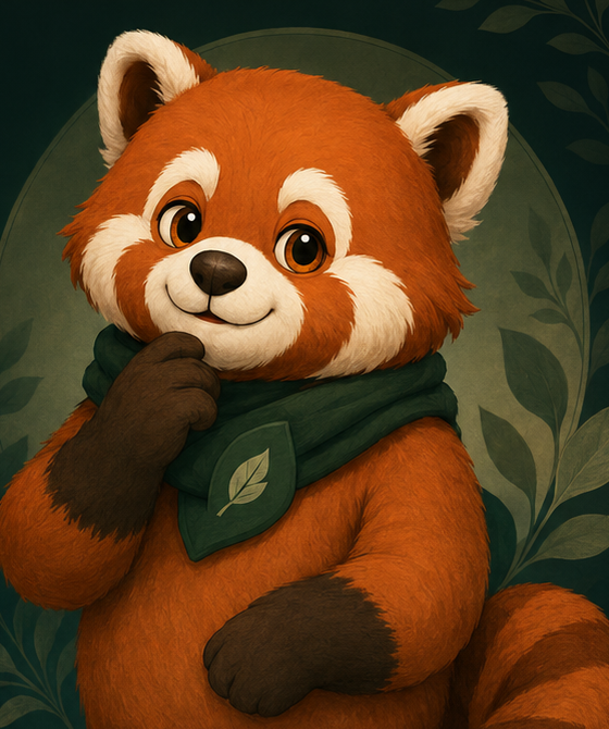 Pax, the ChapterSpark red panda guide, wearing a deep green scarf with a leaf motif.